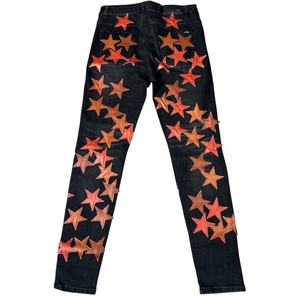 AMIRI Star Patch Jeans Black Leather Red Brown Size 32 Designer Denim USA Rare - Picture 8 of 16